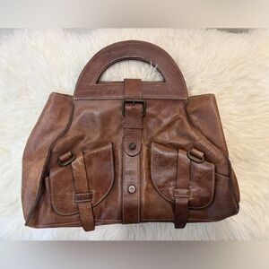 Patricia Nash Brown Leather Handbag Satchel with Buckle Accents Western Boho